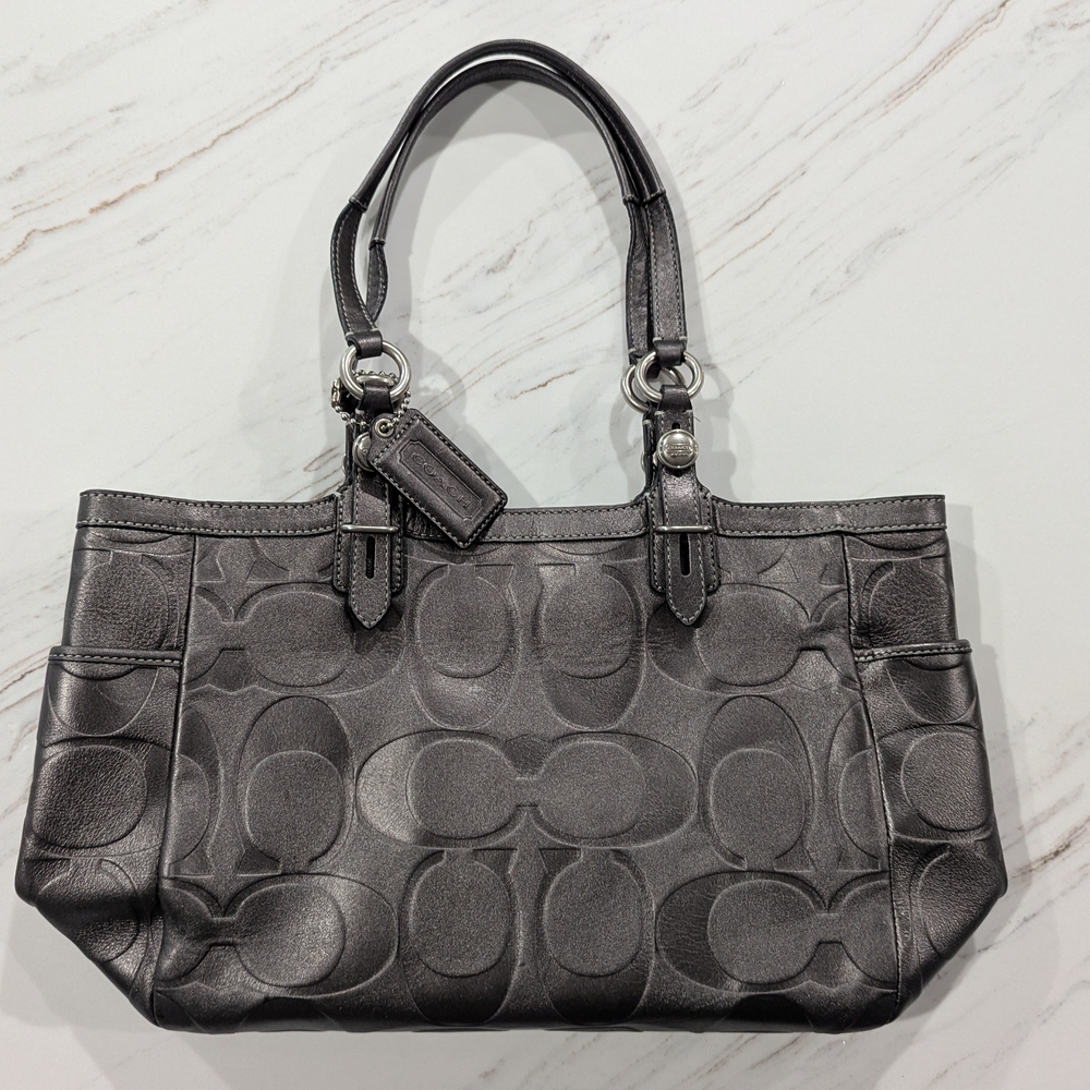 Coach Signature Embossed Leather Gallery Tote -  Pewter/Gunmetal Metallic
